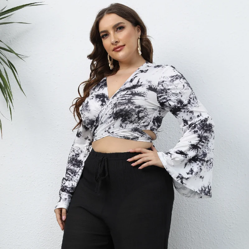 Plus Size Women Fashion Vacation Tie-Dye Deep V Flare Sleeve Crop Blouse